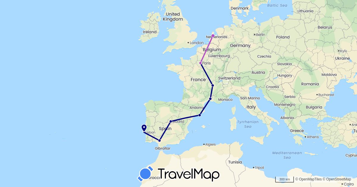 TravelMap itinerary: driving, train in Spain, France, Netherlands, Portugal (Europe)