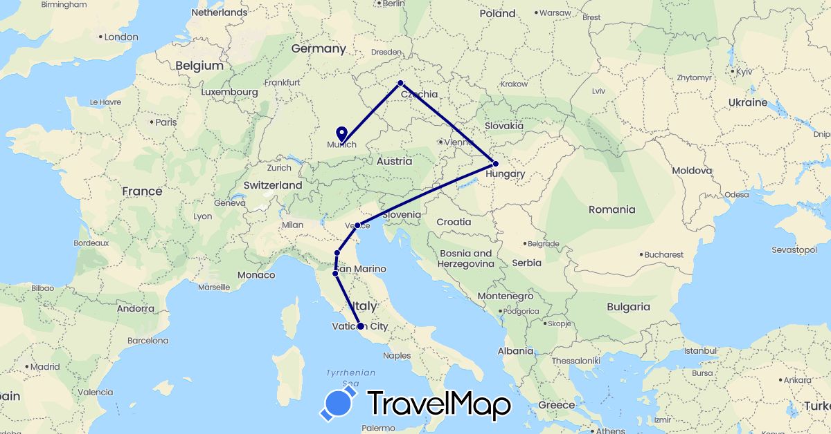 TravelMap itinerary: driving in Czech Republic, Germany, Hungary, Italy (Europe)