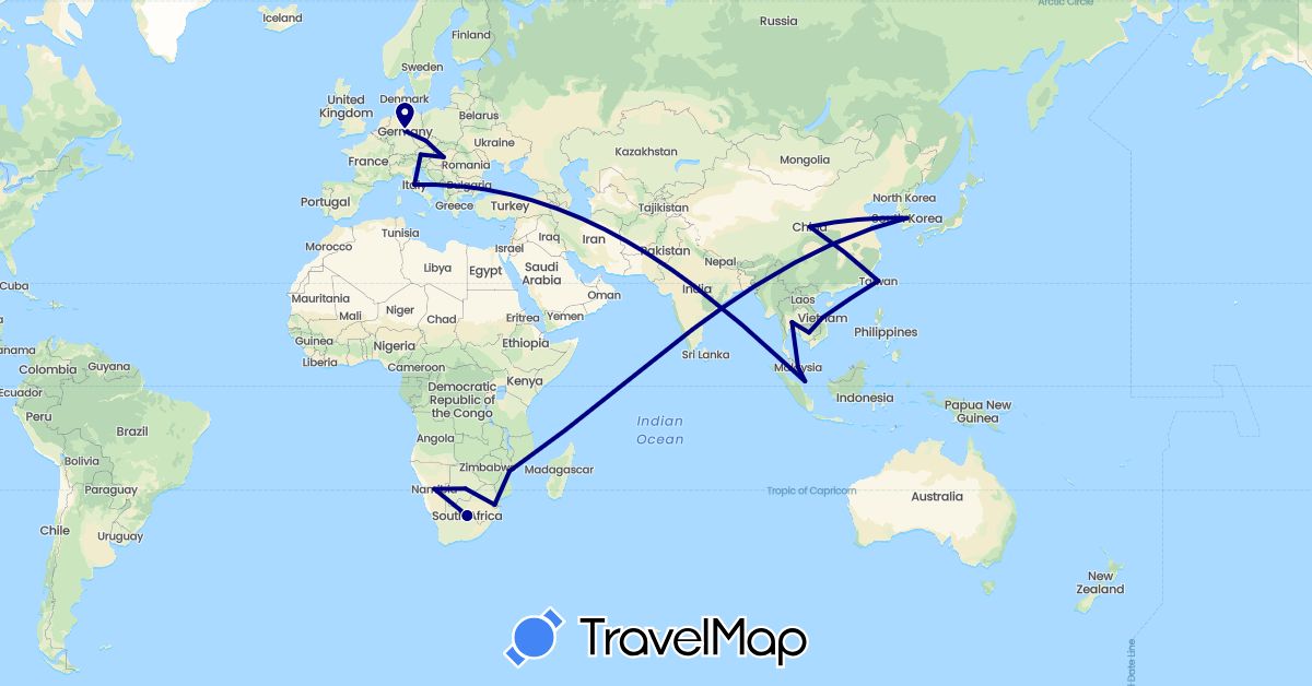 TravelMap itinerary: driving in Austria, China, Czech Republic, Germany, Hungary, Italy, South Korea, Malaysia, Mozambique, Singapore, Swaziland, Thailand, Taiwan (Africa, Asia, Europe)